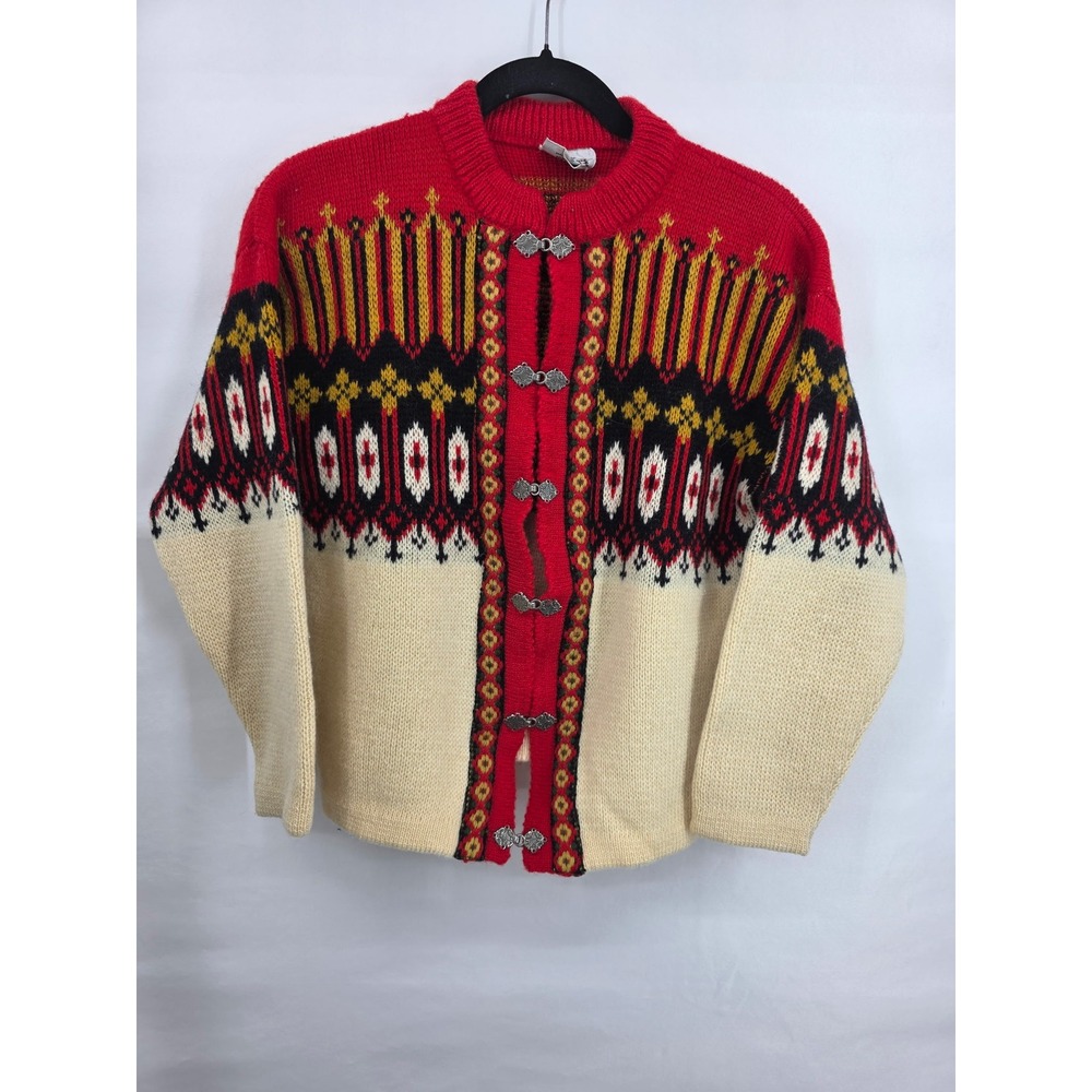 Gann Sporty Norwegian Wool Cardigan Red Cream Fair Isle Pewter Clasp Size 40 L